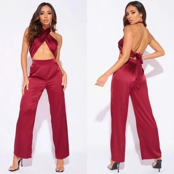 Pants - Burgundy Satin Halter Neck Crop Top and High Waist Wide Leg Pants Two Piece Set